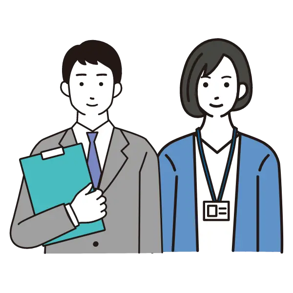 書類を持ったスーツ姿の男性と社員証を下げた塾の職員の女性のイラスト