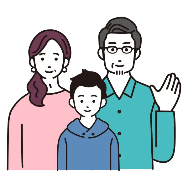 笑顔で揃った家族のイラスト（父、母、子供）