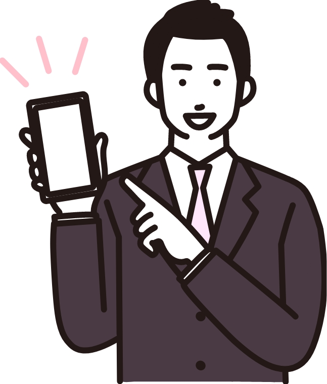 スマートフォンを持つ塾の職員のイラスト。スーツ姿の塾職員がスマートフォンを指さしているイラスト。