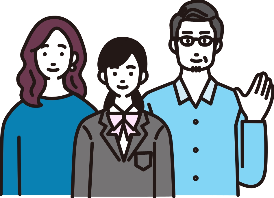 家族のイラスト。青い服の女性、制服を着た少女、水色シャツの男性が並ぶ家族のイラスト。